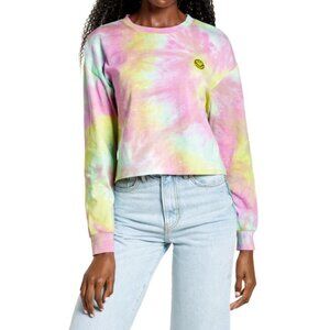 ALL IN FAVOR Tie Dye Smiley Applique Crop Pullover 90s Inspired Top